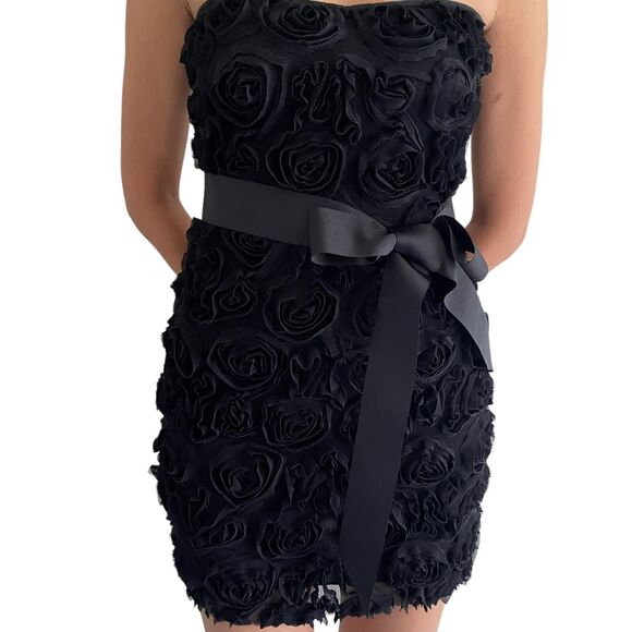 Zara Evening Strapless Dress Size S City Party Bodycon Black Raised Tulle Roses - Picture 5 of 14